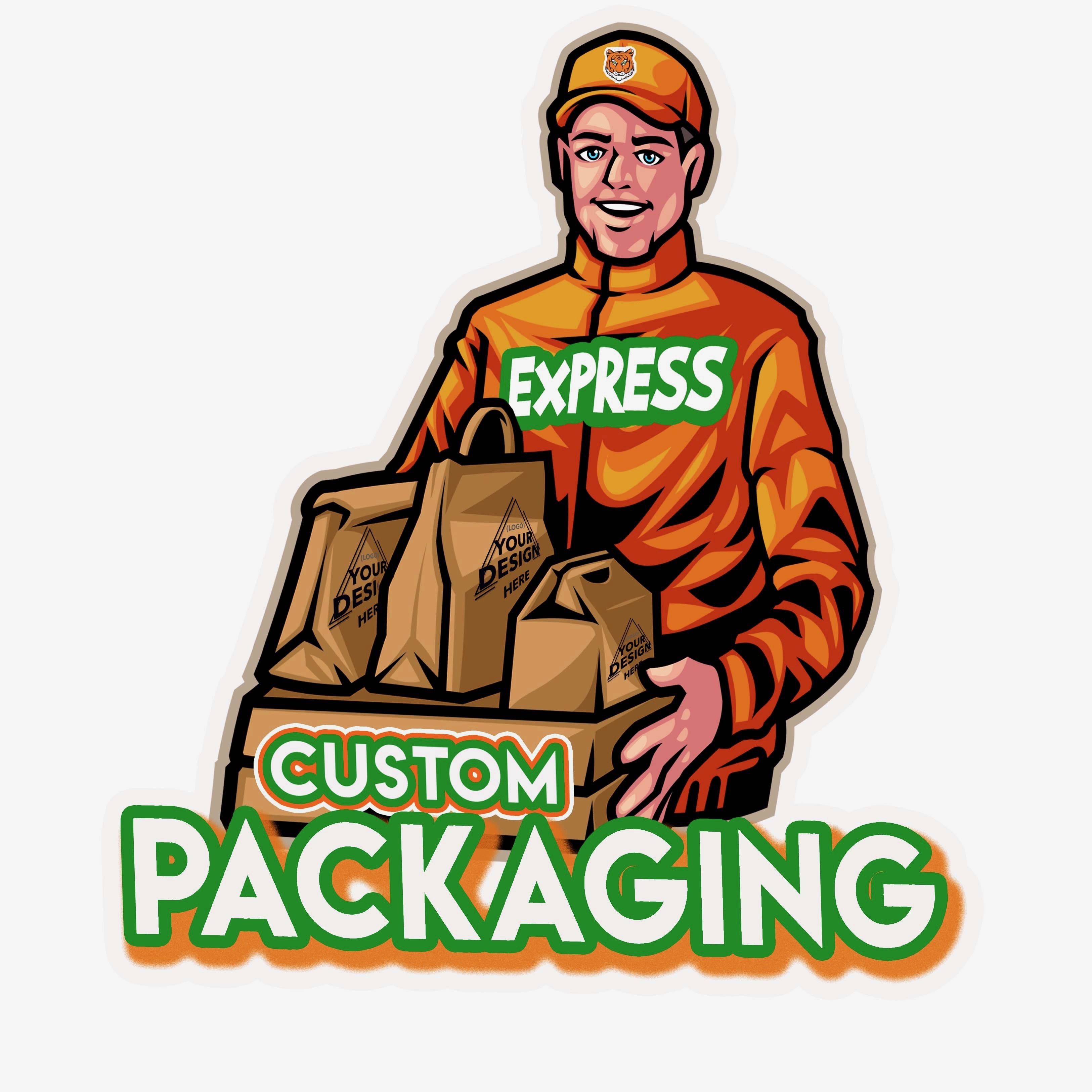 Express Custom Packaging brand mascot carrying custom paper bags